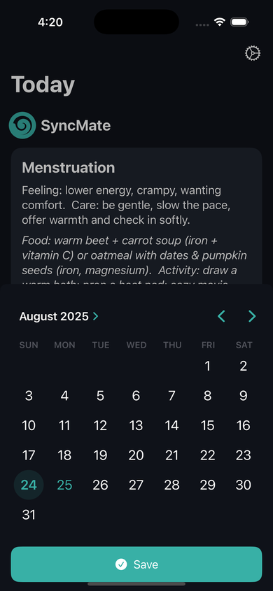 SyncMate calendar view showing monthly cycle at a glance