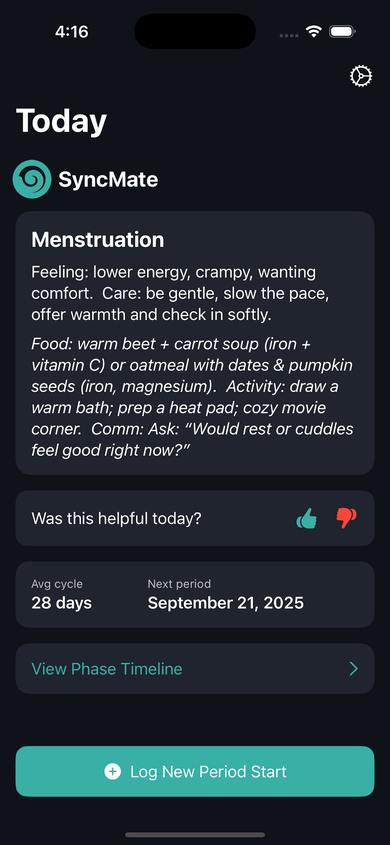 SyncMate home screen showing today's wellness guidance for the menstruation phase